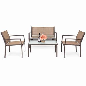 KD 4 Piece Patio Metal Conversation Furniture Set w/Loveseat 2 Chairs and Glass Coffee Table Garden 