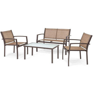 KD 4 Piece Patio Metal Conversation Furniture Set w/Loveseat 2 Chairs and Glass Coffee Table- Brown